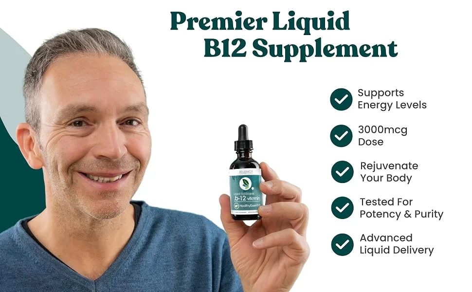 Essential B-12 Liquid B12 Supports Energy and a Healthy Nervous System - Convenient Liquid Dropper Absorbs Fast & Tastes Great - Vitamin B12