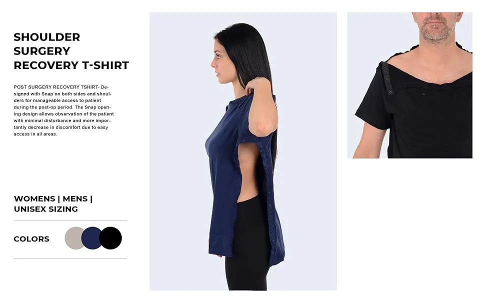 Post Surgery Shoulder Recovery Tshirt Snap Open Tearaway Shirt Right & Left arm Open Chemo Port Access Shirt Medium Grey/Women - Post Mastectomy Surgery Recovery Shirt