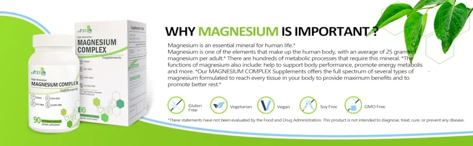 Magnesium Supplement Complex - 90 Veggie Caps High Absorption Magnesium Dietary Supplement Non-GMO Vegan Gluten & Soy Free - product information 3