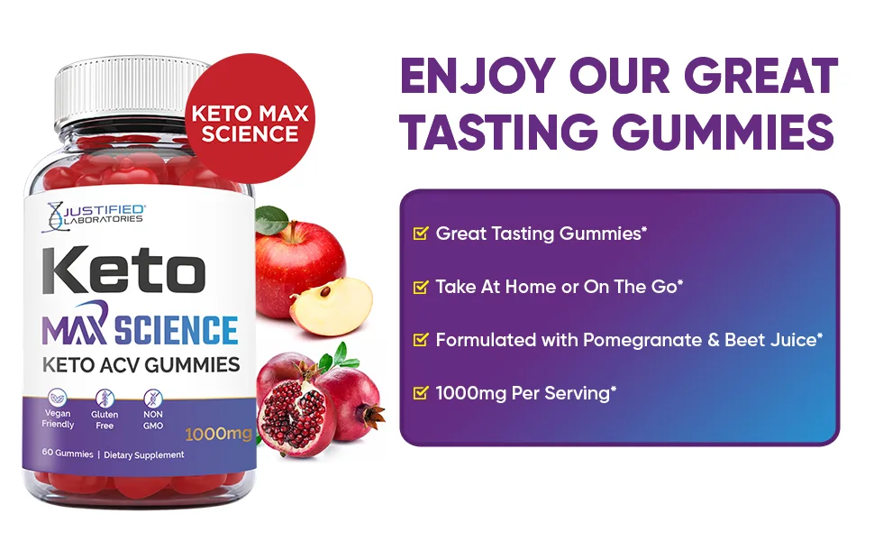 Justified Laboratories Keto Max Science Keto ACV Gummies 1000MG Vegan Non GMO with Pomegranate Juice Beet Root B12 60 Gummys - Keto Max Science ACV Gummies