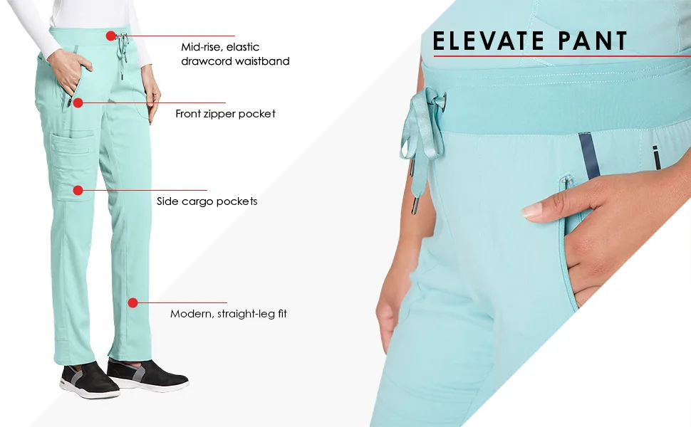 BARCO Grey's Anatomy Scrubs Impact - Elevate Scrub Pant for Women Mid-Rise Spandex Stretch Women's Scrub Pant Medium Black - Elevate pant infographic highlighting features of the product