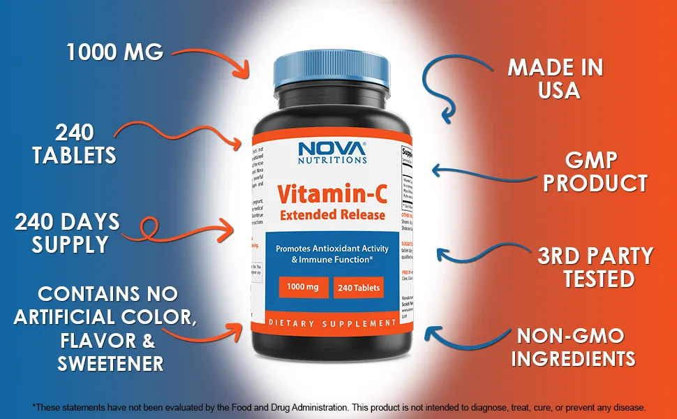 Nova Nutritions Vitamin C 1000 mg 240 Tablets (Extended Release) Made with Rose Hips Rutin Acerola Powder Bioflavonoids - Vitamin C 1000mg