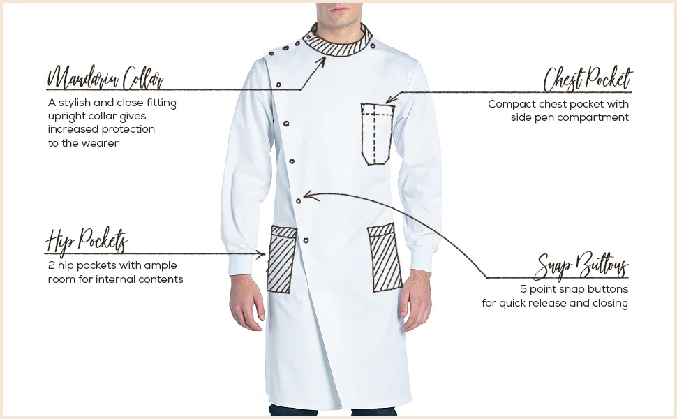 Dr. James Professional Lab Coat Howie Style Classic Fit Mandarin Collar Cuffed Sleeves Unisex White 43 Inch Length X-Small - lab coat