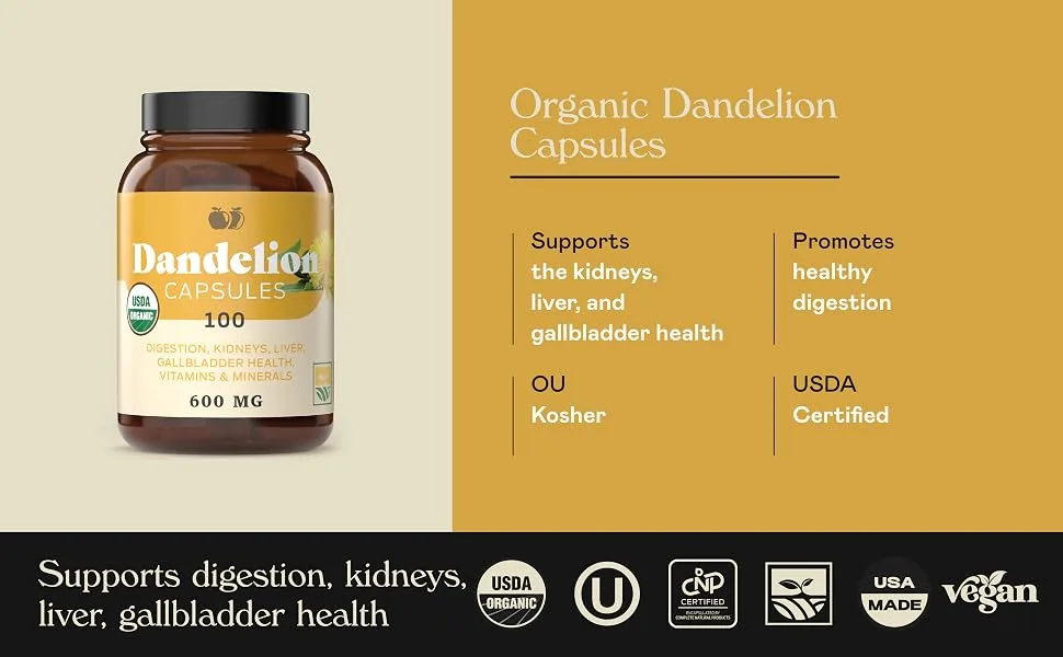 Complete Natural Products Pure Dandelion Root Powder Extract - 530mg Capsules 100 Pills Dried & Roasted Herbal Supplement - Organic Dandelion