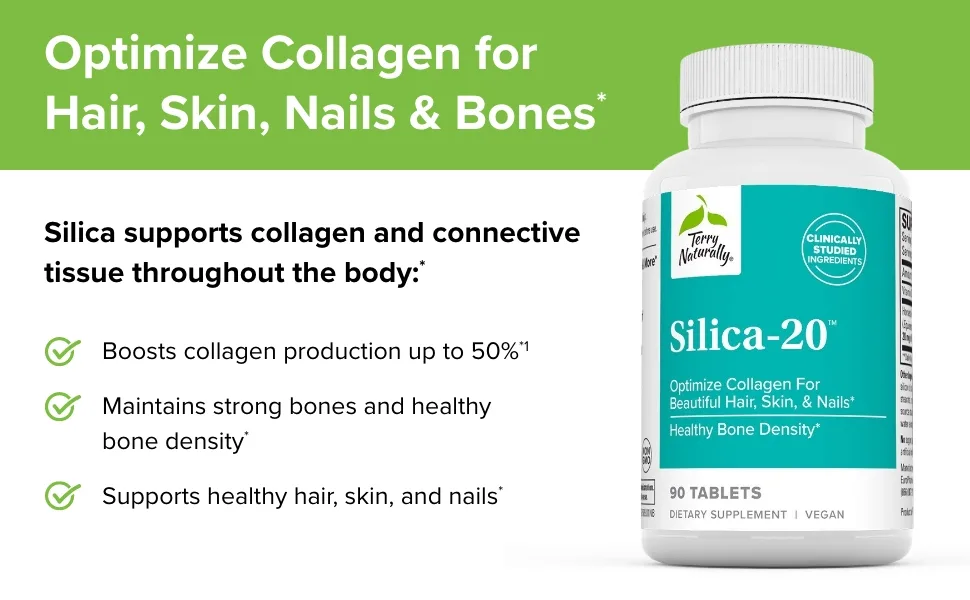 Terry Naturally Silica-20 - 90 Tablets - Supports Healthy Hair Skin Nails & Bone Density - Vegan Non-GMO - 45 Servings - Silica-20