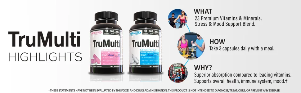 PEScience TruMulti Men's Multivitamin with Premium Quality Vitamin C D Zinc for Immune & Stress Support 90 Capsules - VITAMIN E B12 C K IRON IMMUNE SYSTEM SUPPORT ANTIOXIDANT IRON ZINC MAGNESIUM CALCIUM A HEALTH STRESS
