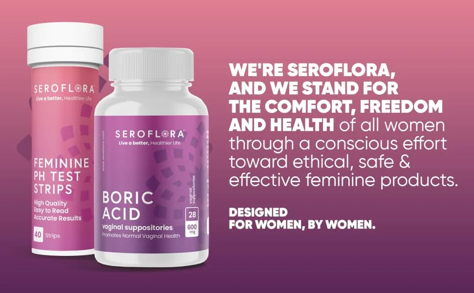 Seroflora Boric Acid Vaginal Suppositories 600mg (28ct) & 40 pH Test Strips for Women - Supports Vaginal Odor Control - SeroFlora