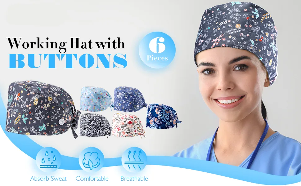 6 Pieces Scrub Caps with Buttons Women Working Cap Adjustable Sweatband Bouffant Hats (Floral Pattern) Multicoloured - product information 1