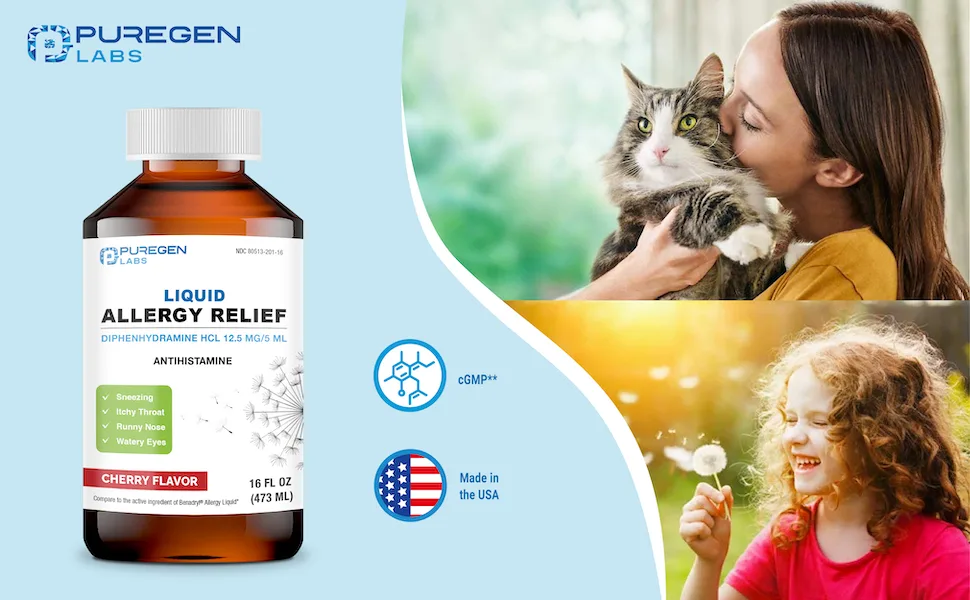 Puregen Labs Allergy Relief Oral Solution Diphenhydramine HCl 12.5mg/5 mL Antihistamine Cherry Flavor 16 Ounces - Diphenhydramine liquid allergy