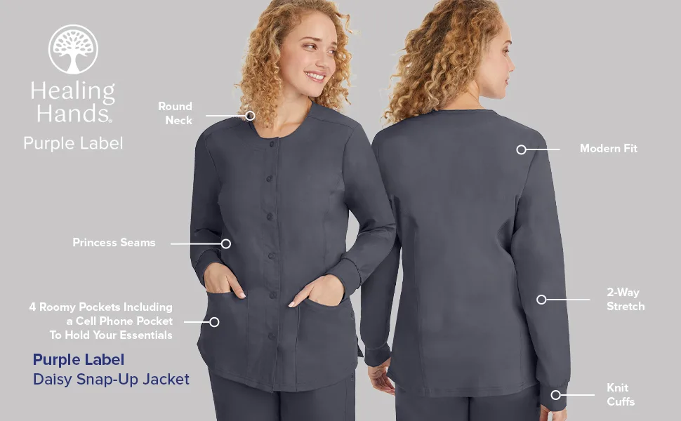 Healing Hands Womens Scrub Jacket 5 Pocket Purple Label 5063 Daisy Snap-up Scrubs Women Jacket XX-Large Plus Black - 5063 daisy snap-up jacket