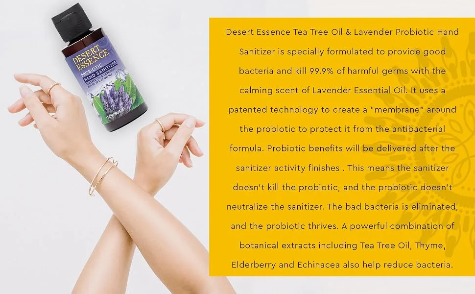 Desert Essence Probiotic Hand Sanitizer - Tea Tree Oil & Lavender - 1.7 Fl Ounce - Soft & Moisturized - Portable - Desert Essence probiotic hand sanitizer