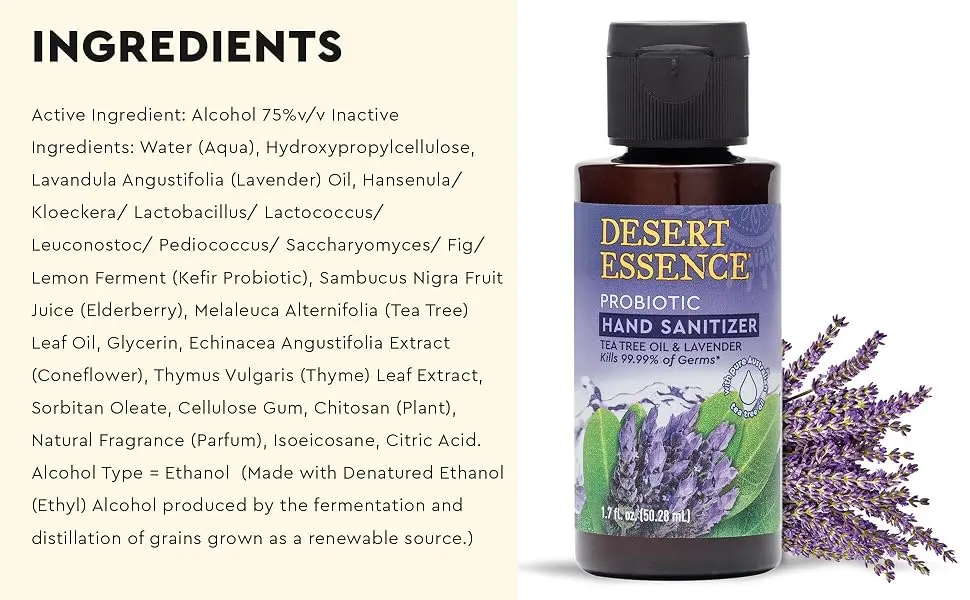 Desert Essence Probiotic Hand Sanitizer - Tea Tree Oil & Lavender - 1.7 Fl Ounce - Soft & Moisturized - Portable - Desert Essence probiotic hand sanitizer
