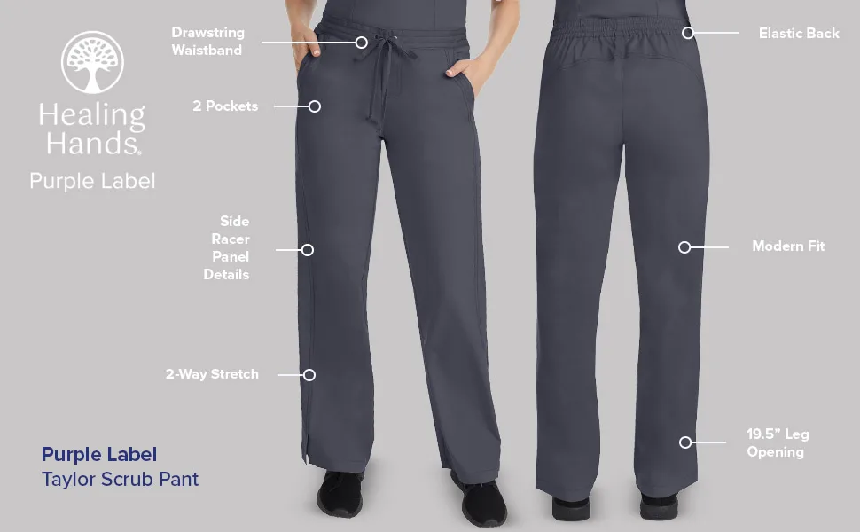 Healing Hands Scrub Pants for Women 2 Pocket Elastic Back Drawstring Pant Purple Label 9095 Taylor Black X-Large - 9095 taylor scrub pant