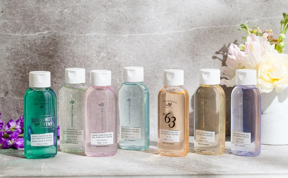 Pre de Provence Advanced Alcohol Based Hand Sanitizer Gel Moisturizes & Softens Hands 3.4 Fluid Ounces Coconut - Pre de Provence Hand Purifying Gel in all 7 scents and colors displayed.