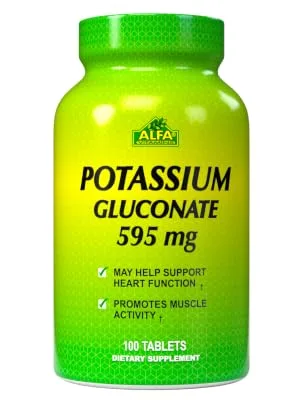 Potassium Gluconate 595 Mg by Alfa Vitamins - Supports Heart Function & Promotes Muscle acitvity - 100 Tablets - potassium gluconate, 595mg, tablets, natural, heart health, function, muscles, blood circulation
