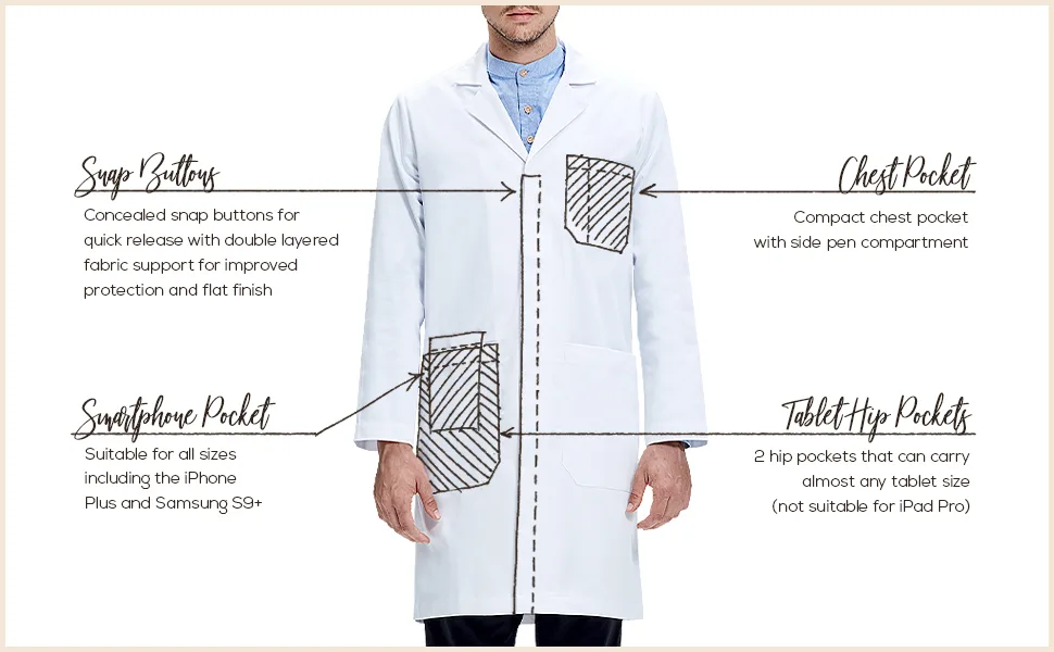 Dr. James Professional Lab Coat Smartphone and Tablet Pockets Classic Fit 40 Inch Length White XX-Small - dr james lab coat front