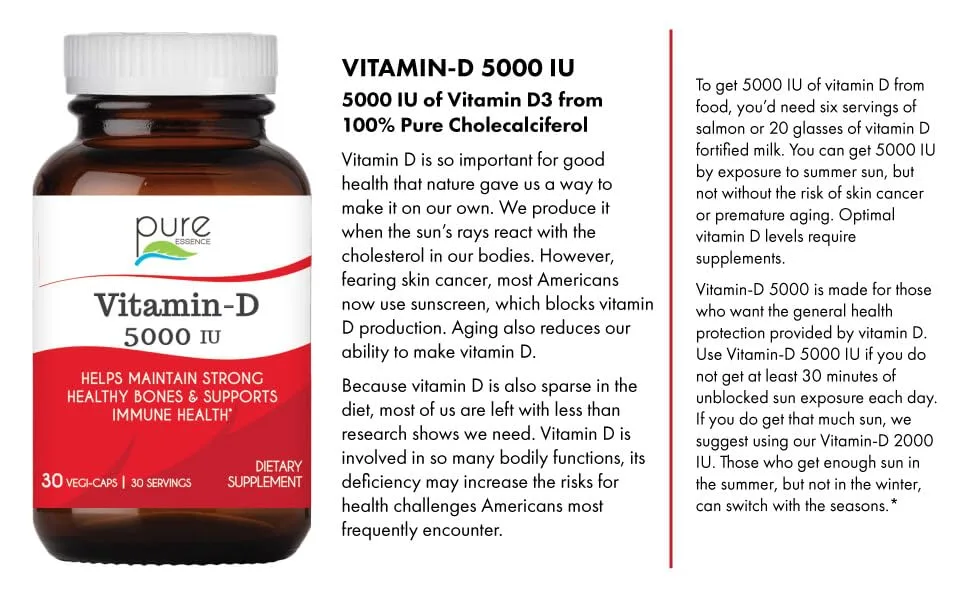 Pure Essence Labs Vitamin D - 5000 IU of Vitamin D from 100% Pure Cholecalciferol - 30 Vegetarian Capsules - Great for bones