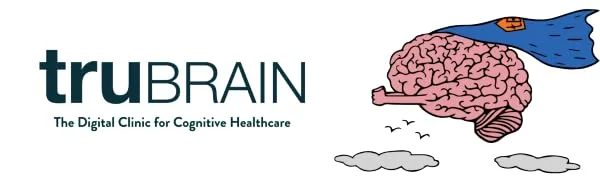 TruBrain Clockwise | Nicotinamide | NAD Booster | Increases Energy & Promotes Anti Aging | Cell Immunity - banner that includes TruBrain logo and slogan along with a TruBrain superhero brain illustration