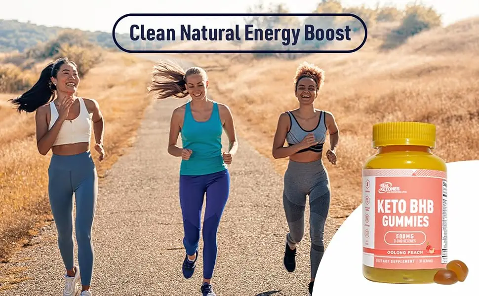 Real Ketones Exogenous Keto BHB Gummies for Rapid Ketosis Keto Diet Support Orange Flavor 30 Servings - Clean natural energy boost, image features 3 fit and happy women out on a run together