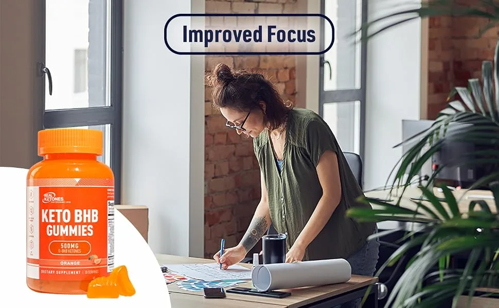 Real Ketones Exogenous Keto BHB Gummies for Rapid Ketosis Keto Diet Support Orange Flavor 30 Servings - improved focus, woman working on drafting plans, focused on her task with the help of ketones