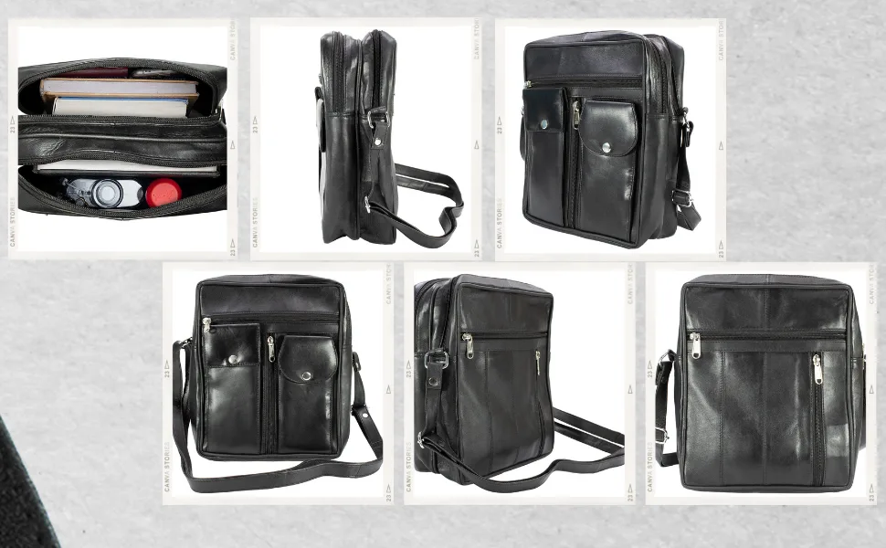 Paul Walter Genuine Leather Black Crossbody Shoulder Bag for Unisex/Travel kit Handbag Messenger Bag - Multi Compartment