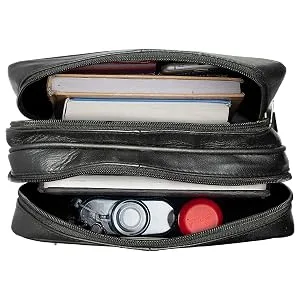 Paul Walter Genuine Leather Black Crossbody Shoulder Bag for Unisex/Travel kit Handbag Messenger Bag - Multi Pockets