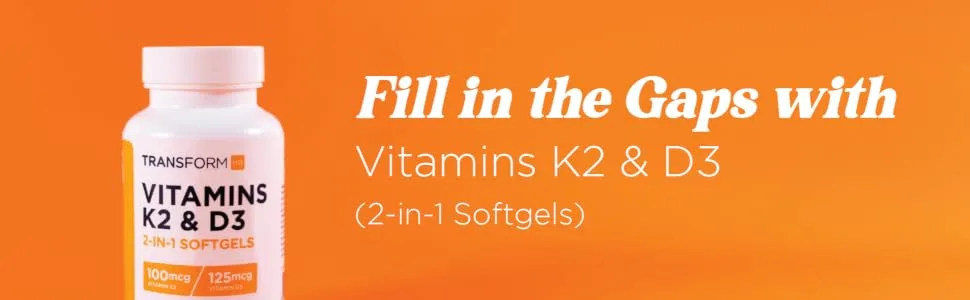 TransformHQ Vitamin K2 (MK7) (100mcg) + Vitamin D3 (5000 IU) 120 Softgels - Gluten Free and Non-GMO - Transform Vitamin K2 & D3 2 in 1 softgels
