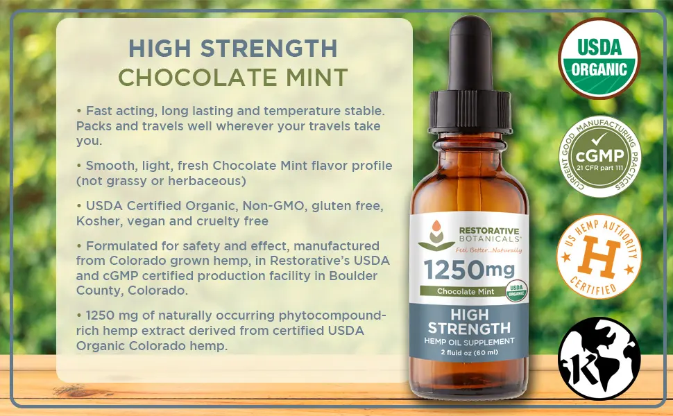 Restorative Botanicals High Strength Hemp Oil - 1250mg Chocolate Mint Flavor (2 oz - 120 Servings) - hemp