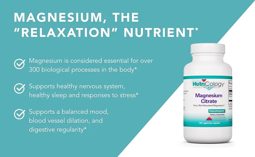 NutriCology Magnesium Citrate - Well-Absorbed Bone and Stress Support - 180 Vegetarian Capsules - Nutricology 56660