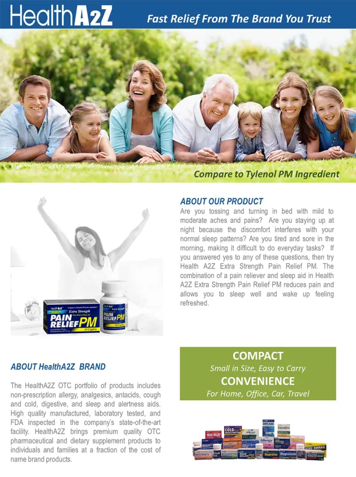 Health A2Z Extra Strength Pain Relief PM 24 Tablets Comparte to Tylenol PM Active Ingredient - product information 1