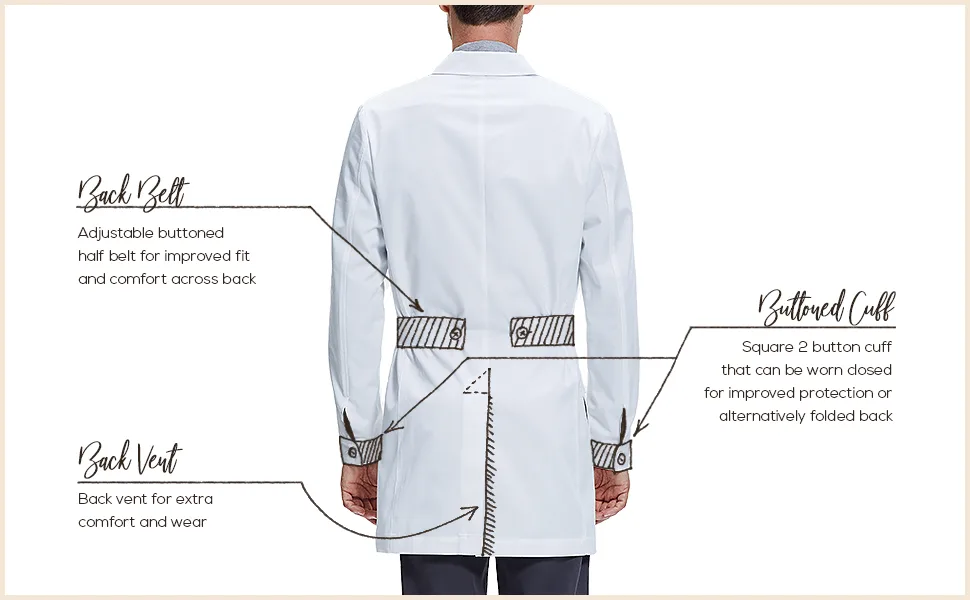 Dr. James Consultation Lab Coat Men Slim Fit Multiple Pockets White 36 Inch Length Small - Features back