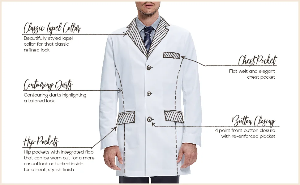 Dr. James Consultation Lab Coat Men Slim Fit Multiple Pockets White 36 Inch Length Small - Features front