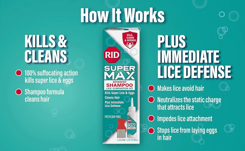 RID Super Max Advanced Shampoo Lice Removal Treatment 3.4 Fl Oz Includes Nit Removal Comb - Kills and Cleans Plus Immediate Lice Defense
