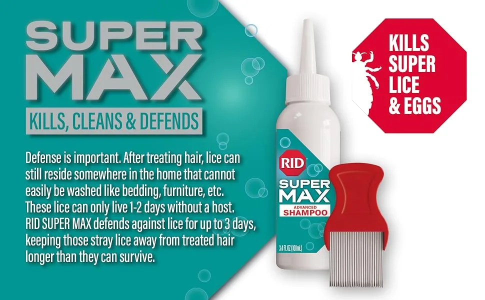 RID Super Max Advanced Shampoo Lice Removal Treatment 3.4 Fl Oz Includes Nit Removal Comb - Shampoo Kills, Cleans, and Defends