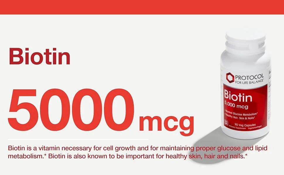 Protocol Biotin 5 000mcg - Normal Glucose Metabolism - Hair Skin and Nails - 90 Veg Caps - Biotin