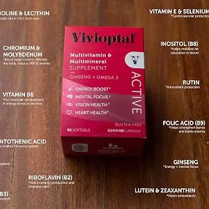 Vivioptal Active 90 Capsules - Multivitamin & Multimineral Supplement - Ginseng & Omega 3 - active, vivioptal