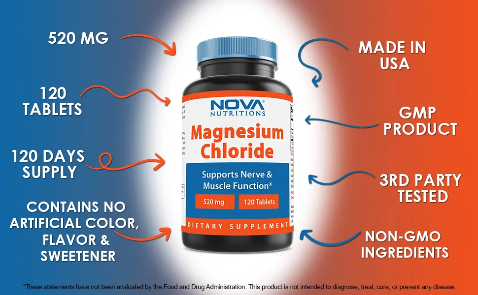 Nova Nutritions Magnesium Chloride 520mg - Supports Healthy Nervous System - 120 Tablets - Magnesium chloride