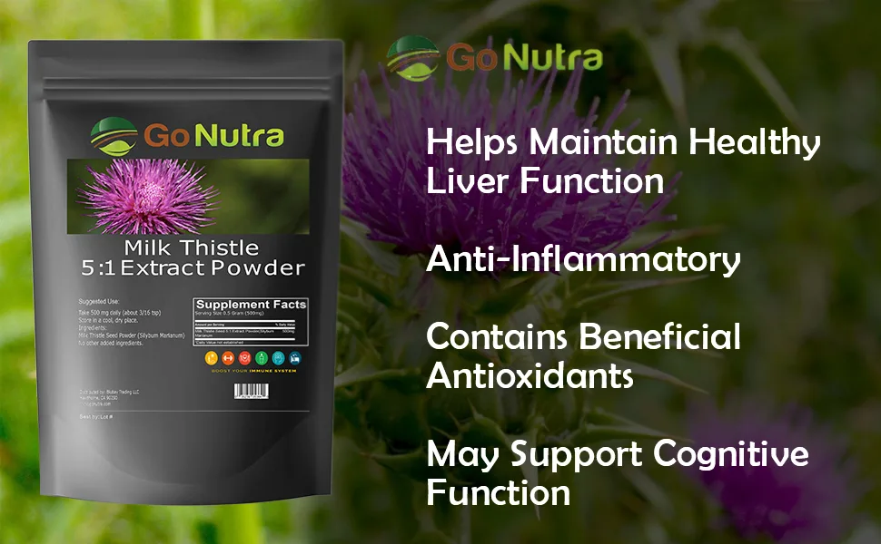 Go Nutra Milk Thistle Powder 1 lb. | Extract Strength 5:1 | Silybum Marianum Non-GMO - mantains healthy liver function anti inflammatory many support cognitive function