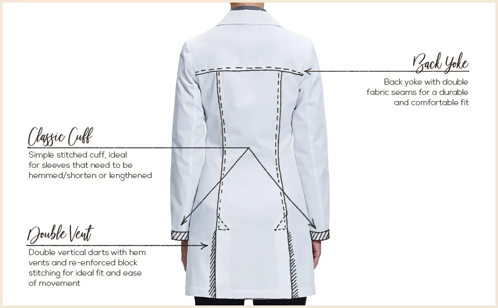 Dr. James Lab Coat for Women Tailored Fit Feminine Design White 33 Inch Length 8 - back features