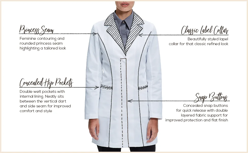 Dr. James Lab Coat for Women Tailored Fit Feminine Design White 33 Inch Length 8 - Features Front