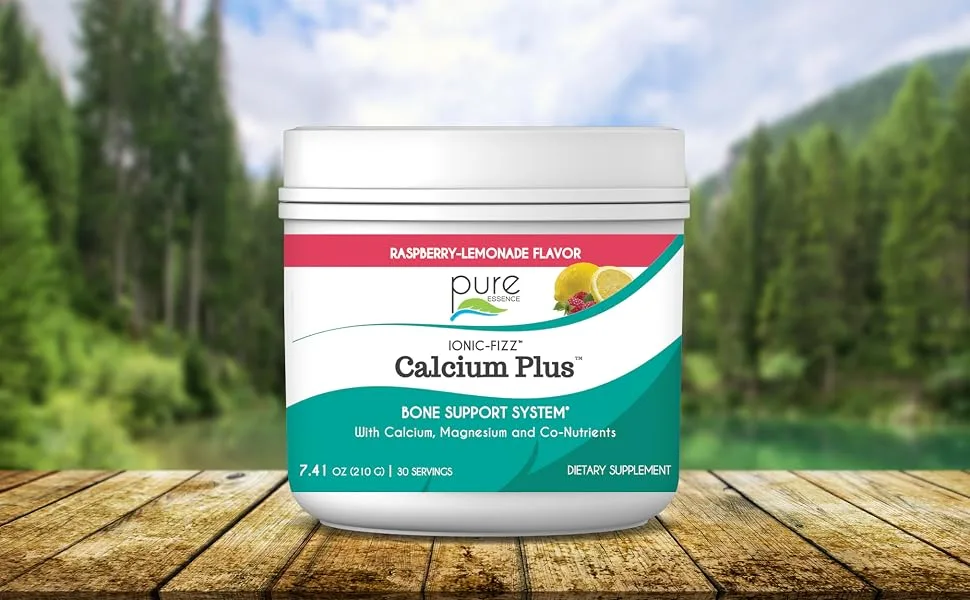 Pure Essence IonicFizz Calcium Plus Raspberry Lemonade Flavor - 210 grams (7 oz) - Strong Bones Calcium, Magnesium, and Vitamin D Powder