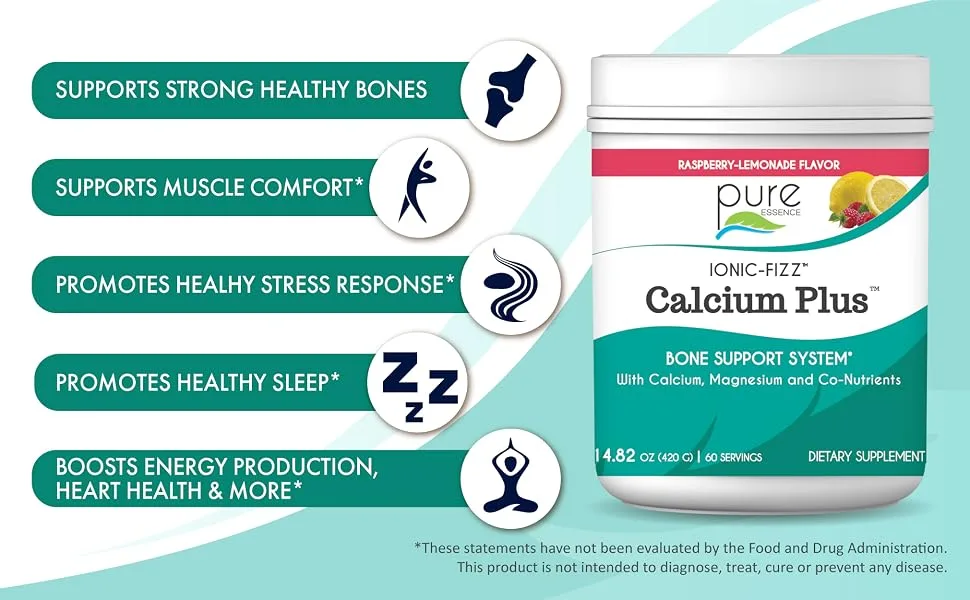 Pure Essence IonicFizz Calcium Plus Raspberry Lemonade Flavor - 210 grams (7 oz) - Strong healthy bones, muscle comfort, healthy stress response, better sleep