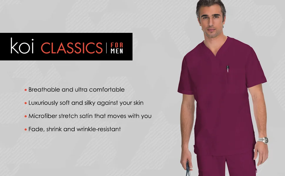 KOI James Elastic Men's Scrub Pants with Zip Fly and Drawstring Waist Large Navy - banner image with koi classics for men logo and model wearing koi classics scrub top