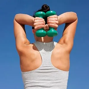 Lift Light Get Lean: 28-day weight-training plan for safe and easy weight loss - girl holding 2 weights above her head