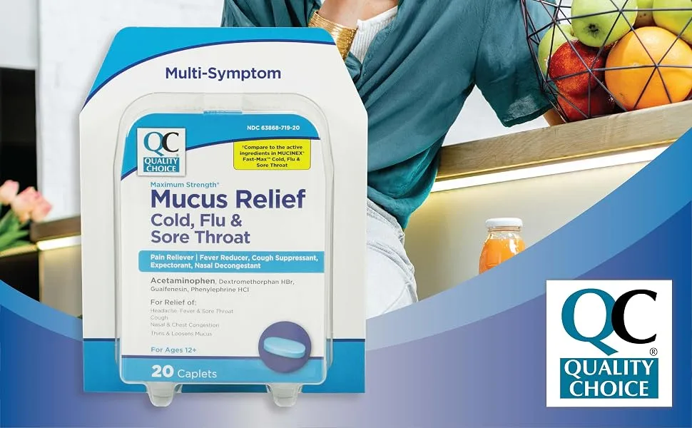 Quality Choice Mucus Relief Cold Flu & Sore Throat 20 Caplets Each (1) - Quality Choice, QC, Mucus Relief, Cold, Flu, Sore Throat, Pain Reliever, Fever Reducer