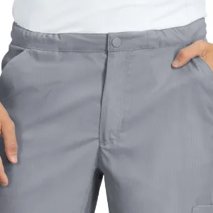 KOI Lite 606 Men's Discovery Scrub Pant Medium Short Charcoal - close up of functional zipper fly on koi lite 606 men