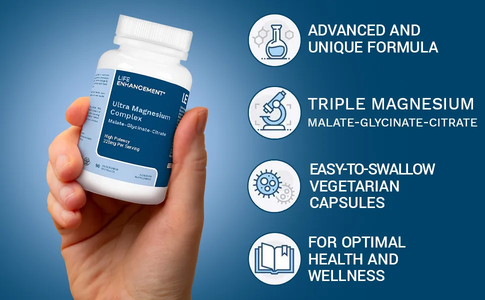 Life Enhancement 325mg Triple Magnesium Complex Supplement With Glycinate, Malate, and Citrate. Calm, Focus and Sleep Support Naturally 90 Capsules - Ultra Magnesium Complex