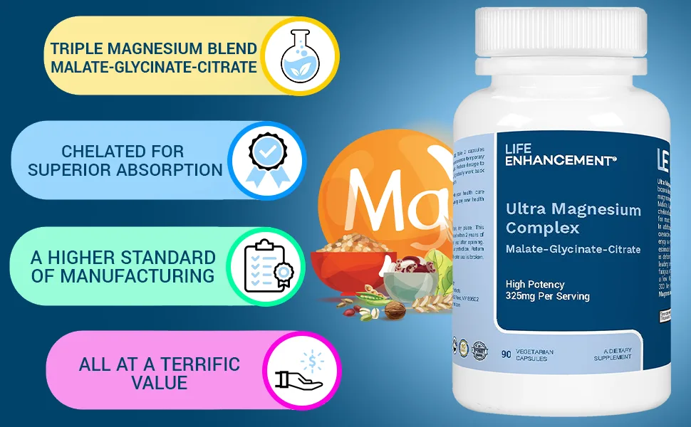 Life Enhancement 325mg Triple Magnesium Complex Supplement With Glycinate, Malate, and Citrate. Calm, Focus and Sleep Support Naturally 90 Capsules - Ultra Magnesium Complex
