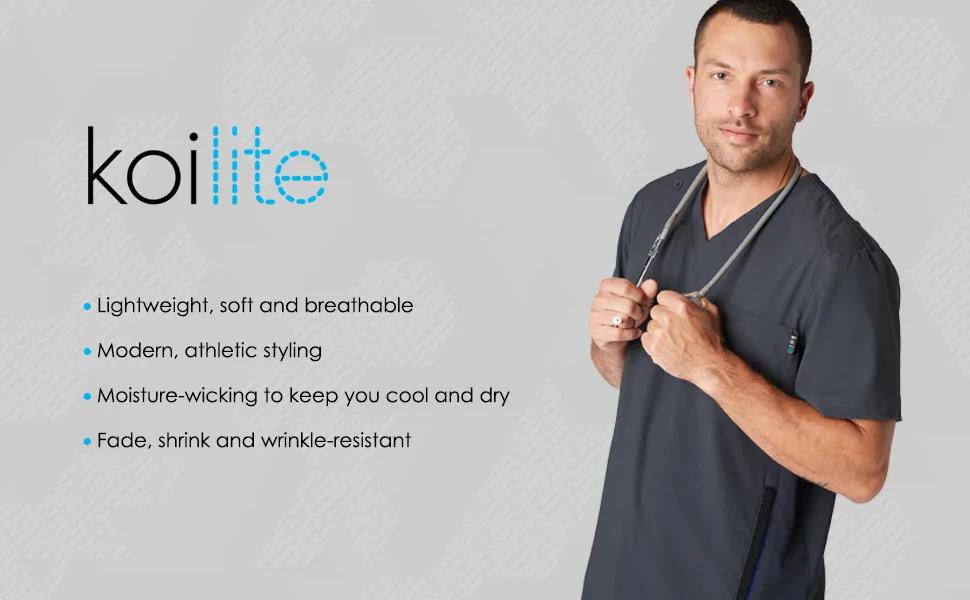 KOI Lite 667 Men's Force Scrub Top 3X-Large Plus Caribbean - banner image with koi lite logo and model wearing koi lite scrubs