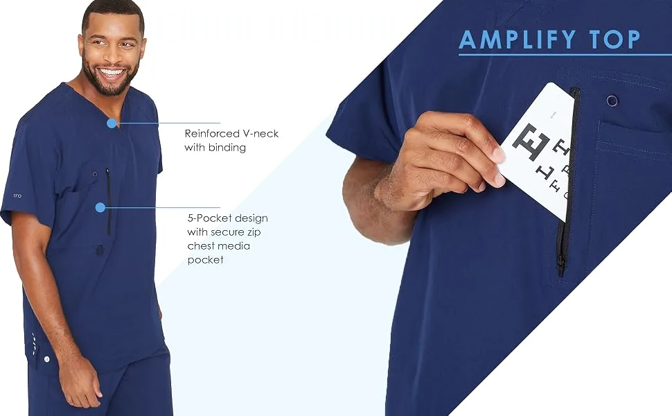 BARCO One Men's 0115 4-Pocket V-Neck Top Medium Black - amplify top infographic highlighting features of the product